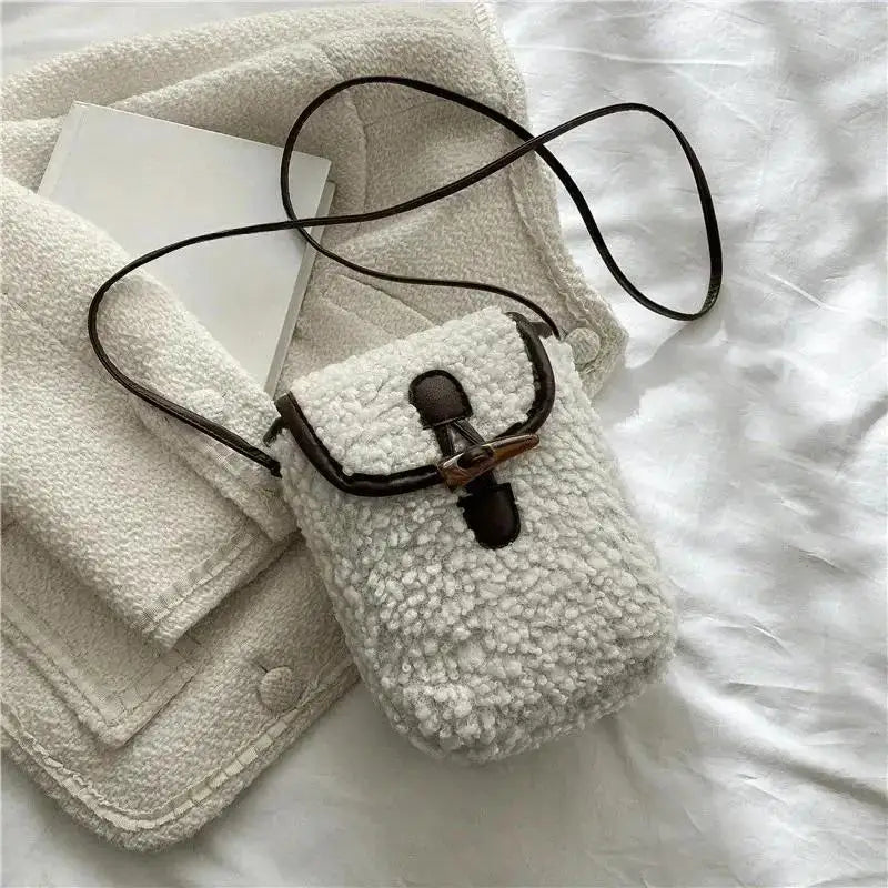 1 Pcs Women's Retro Lamb Fleece Bag Color Blocking Minimalist Mobile Phone Bag Single Shoulder Crossbody Small Bag