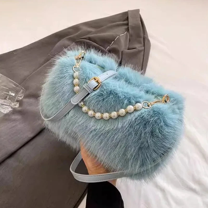 Candy Color Pearl Handle Women's Plush Crossbody Bag Portable Female Furry Handbags Winter Fashion Casual Ladies Shoulder Bags