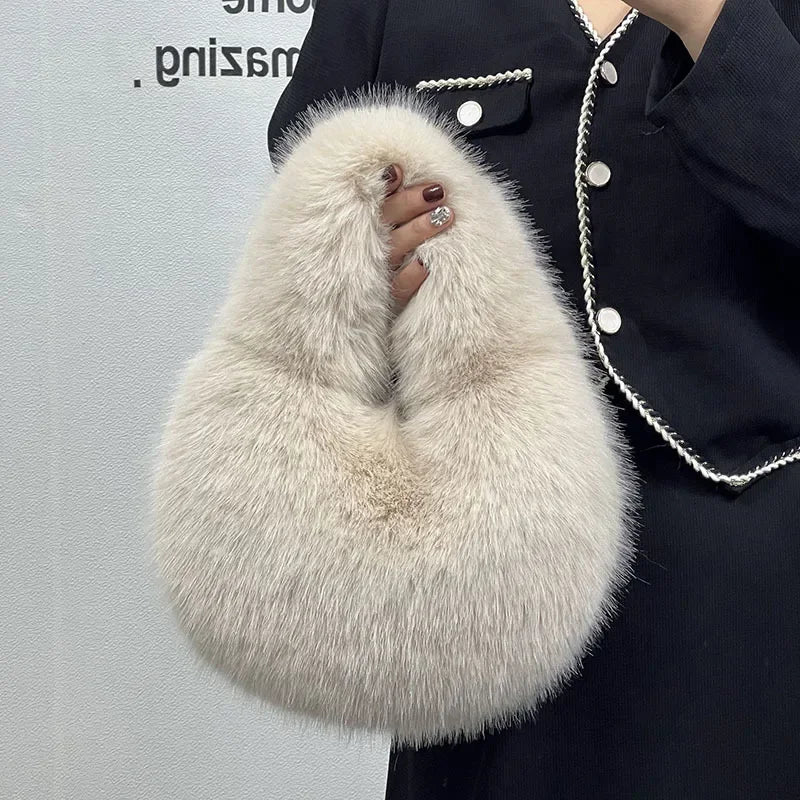Winter Casual Furry Shoulder Bags for Women Solid Color Soft Plush Ladies Clutch Purse Handbags Lightweight Female Hobos Bag