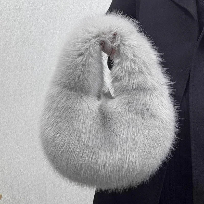 Winter Casual Furry Shoulder Bags for Women Solid Color Soft Plush Ladies Clutch Purse Handbags Lightweight Female Hobos Bag