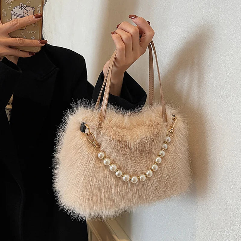 Candy Color Pearl Handle Women's Plush Crossbody Bag Portable Female Furry Handbags Winter Fashion Casual Shoulder Bags