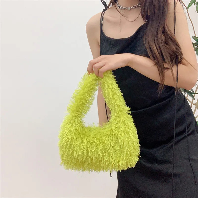 Solid Color Faux Fur Women's Furry Shoulder Bag Sweet Winter Plush Ladies Tote Handbags Simple Female Underarm Bags Purse Clutch