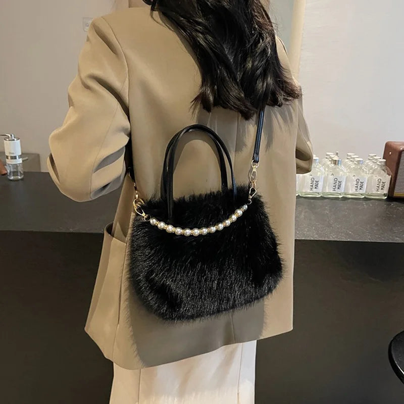 Candy Color Pearl Handle Women's Plush Crossbody Bag Portable Female Furry Handbags Winter Fashion Casual Shoulder Bags