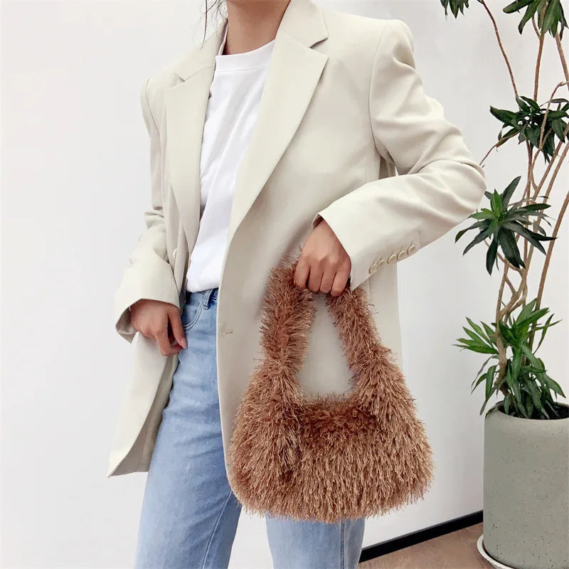 Solid Color Faux Fur Women's Furry Shoulder Bag Sweet Winter Plush Ladies Tote Handbags Simple Female Underarm Bags Purse Clutch