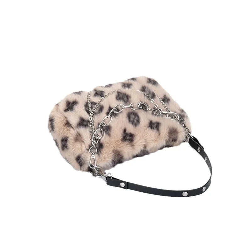 New Faux Fur Leopard Shoulder Bag Women's Autumn Winter Chain Handbags Ladies Leopard Print Clutch Purses Fluffy Top Handle Bags