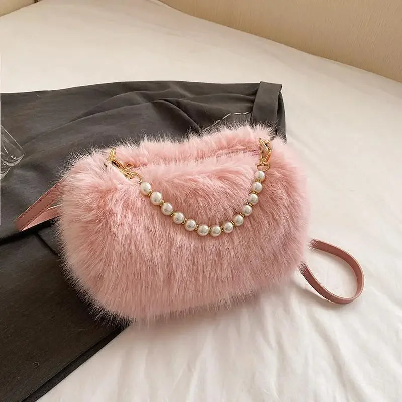 Candy Color Pearl Handle Women's Plush Crossbody Bag Portable Female Furry Handbags Winter Fashion Casual Ladies Shoulder Bags