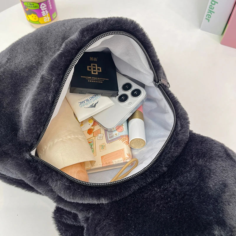Winter Cute Soft Plush Cartoon Cat Backpack Girls Kawaii New Style Versatile Furry Crossbody Bag Personality Black Portable Bag