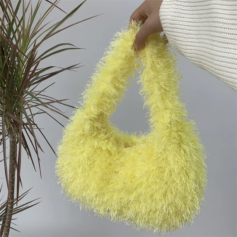 Solid Color Faux Fur Women's Furry Shoulder Bag Sweet Winter Plush Ladies Tote Handbags Simple Female Underarm Bags Purse Clutch