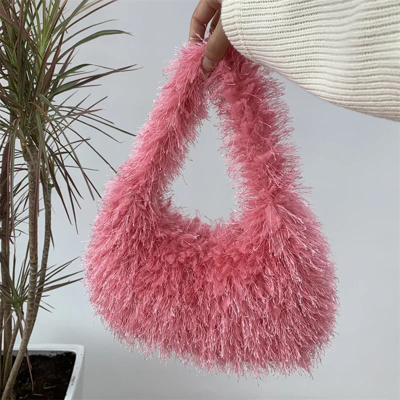 Solid Color Faux Fur Women's Furry Shoulder Bag Sweet Winter Plush Ladies Tote Handbags Simple Female Underarm Bags Purse Clutch