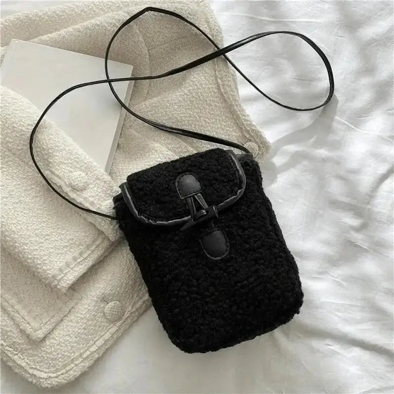 1 Pcs Women's Retro Lamb Fleece Bag Color Blocking Minimalist Mobile Phone Bag Single Shoulder Crossbody Small Bag