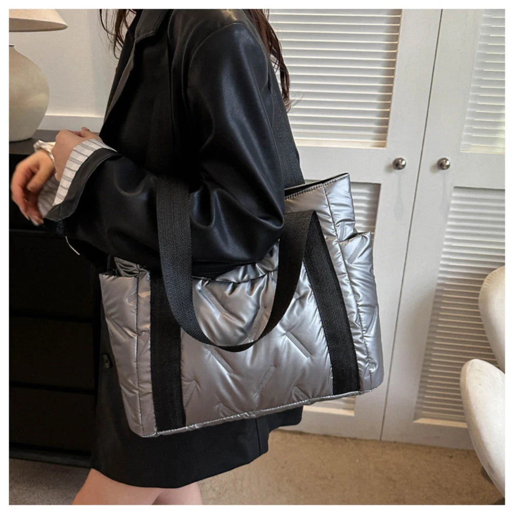 Space Padded Women Shoulder Bags For Winter 2025 Large Capacity Black Handbags Designer Nylon Cotton Warm Tote Solid