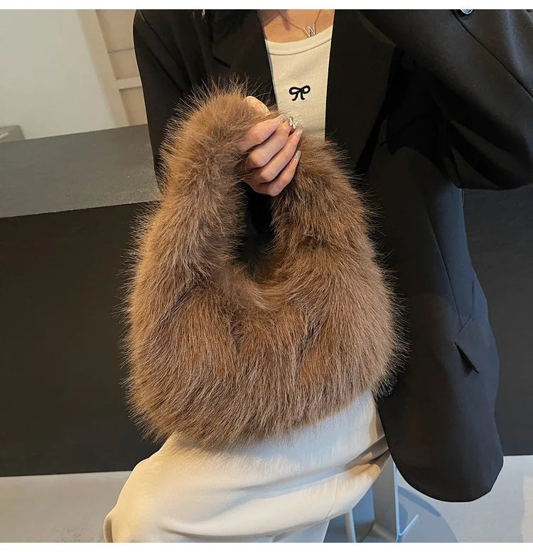 Winter Casual Furry Shoulder Bags for Women Solid Color Soft Plush Ladies Clutch Purse Handbags Lightweight Female Hobos Bag