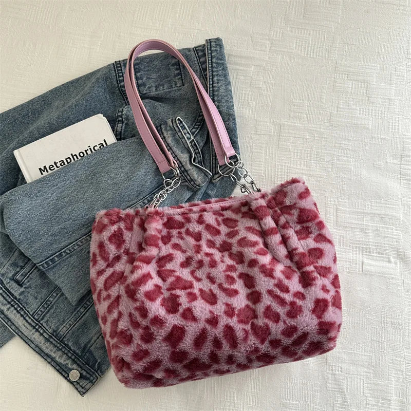 Winter Fashion Leopard Print Plush Women's Bags Are Versatile Casual Trendy Premium Texture Large Capacity Shoulder Handbag